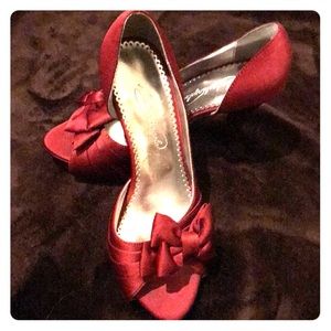 Red open-toed satin heels from David’s Bridal